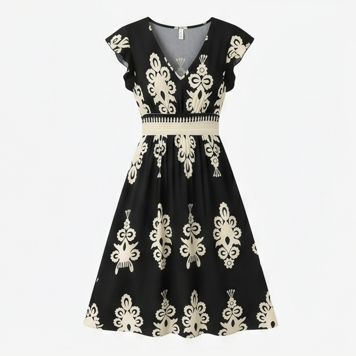 Damask Print Midi Dress with V-Neck — View 11 | Clova