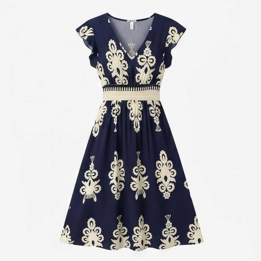 Damask Print Midi Dress with V-Neck — View 12 | Clova