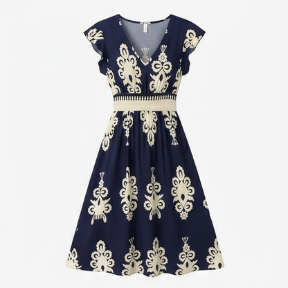Damask Print Midi Dress with V-Neck — View 12 | Clova