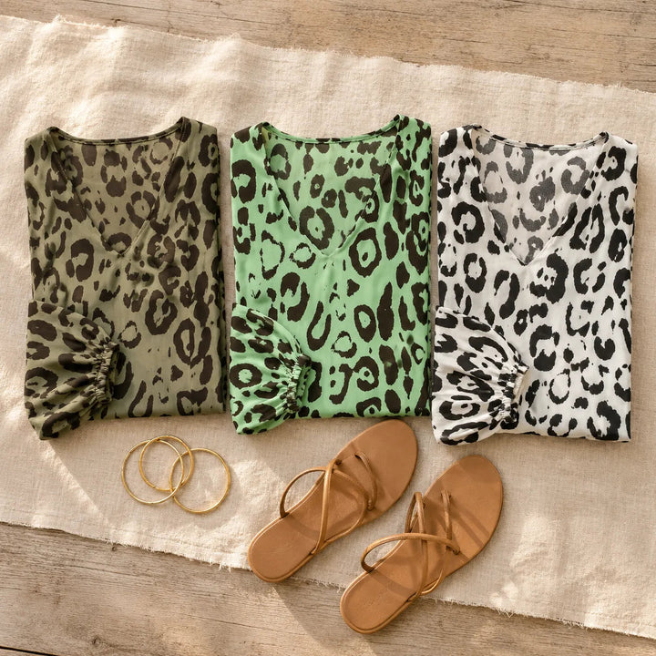 Leopard Print V-Neck Maxi Dress with Pockets, Loose Kaftan Fit, 4 Colors