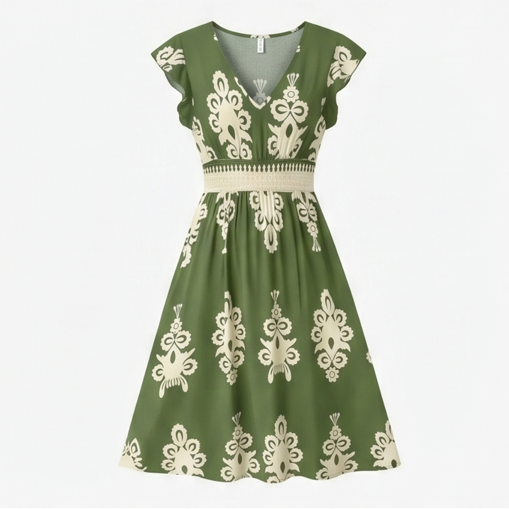 Damask Print Midi Dress with V-Neck — View 13 | Clova