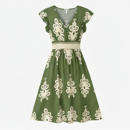 Damask Print Midi Dress with V-Neck — View 13 | Clova