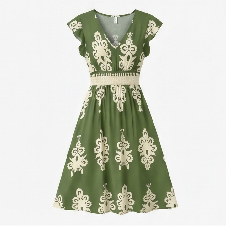 Damask Print Midi Dress with V-Neck — View 13 | Clova