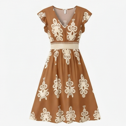 Damask Print Midi Dress with V-Neck — View 14 | Clova