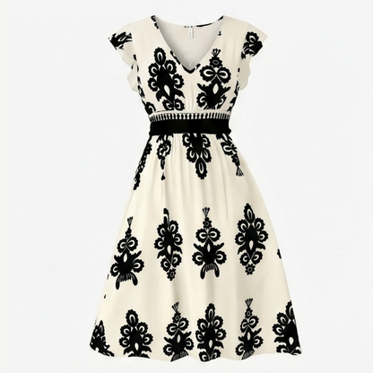 Damask Print Midi Dress with V-Neck — View 15 | Clova
