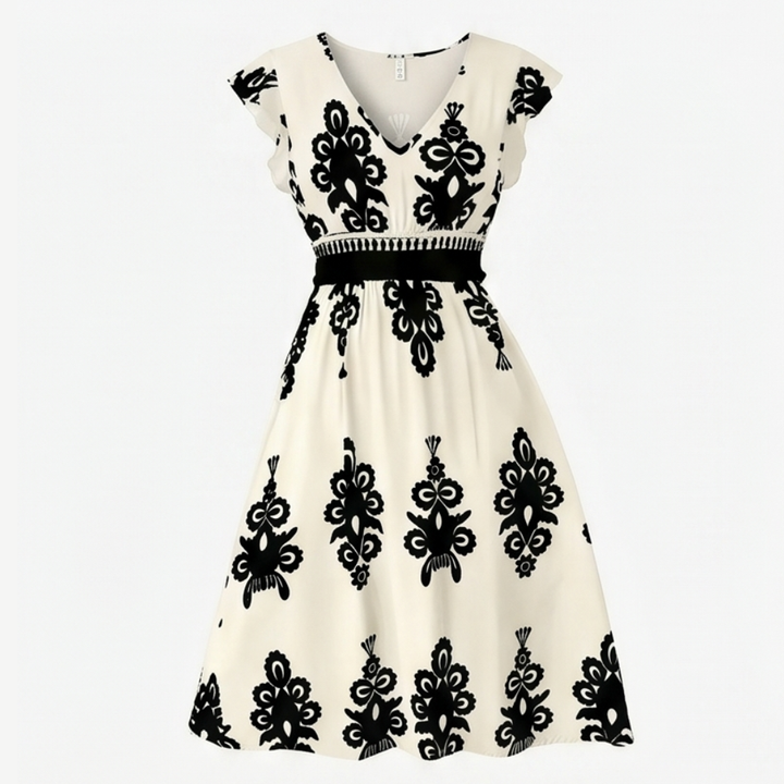 Damask Print Midi Dress with V-Neck — View 15 | Clova