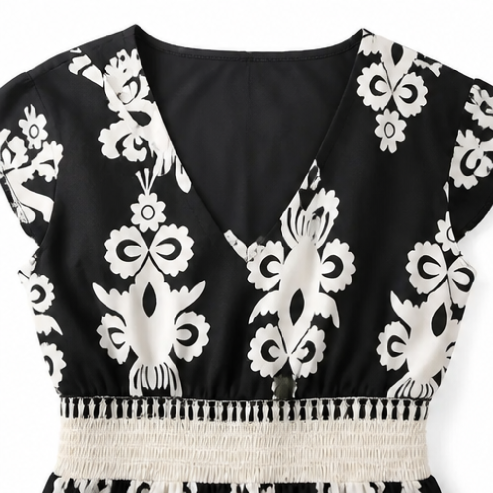 Damask Print Midi Dress with V-Neck — View 7 | Clova