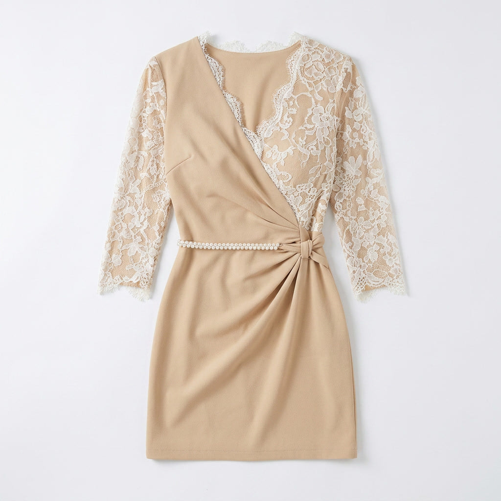 Pearl Belted Lace Sleeve Mini Dress