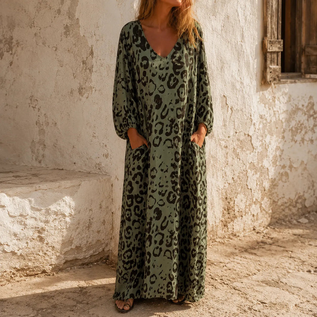 Leopard Print V-Neck Maxi Dress with Pockets, Loose Kaftan Fit, 4 Colors