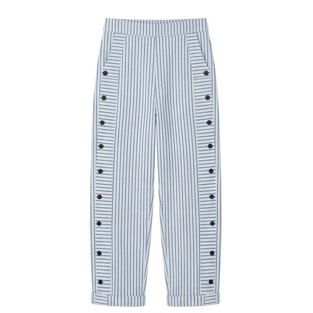 Striped Cotton Pants with Button Trim