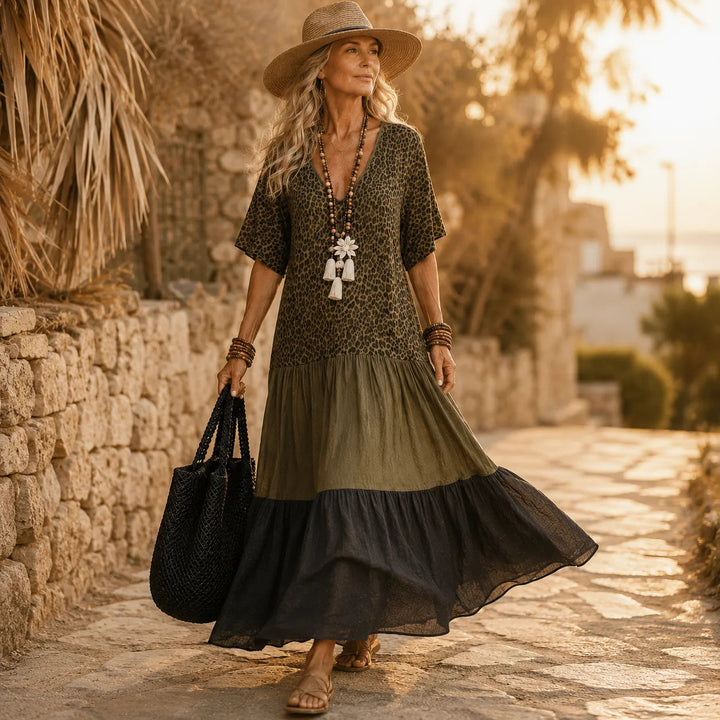 BOHO TIERED MAXI DRESS WITH LEOPARD BODICE, COLOR-BLOCK SKIRT, V-NECK