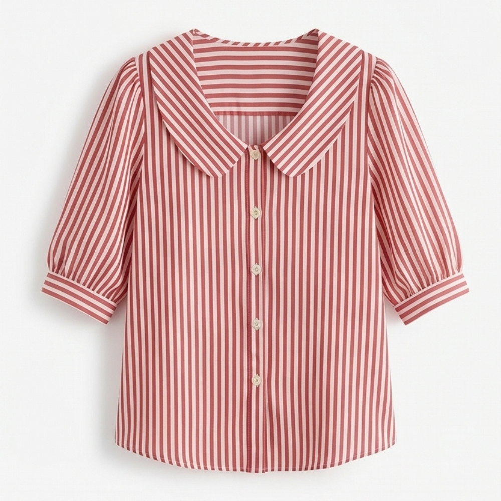 Solène Striped Sailor Collar Blouse with Puff Sleeves — View 11 | Clova