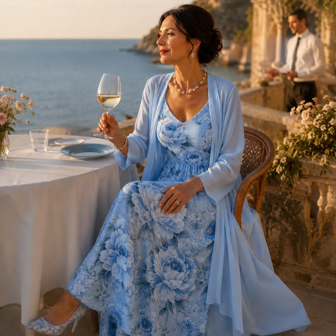 Two-Piece Floral Maxi Dress with Sheer Duster