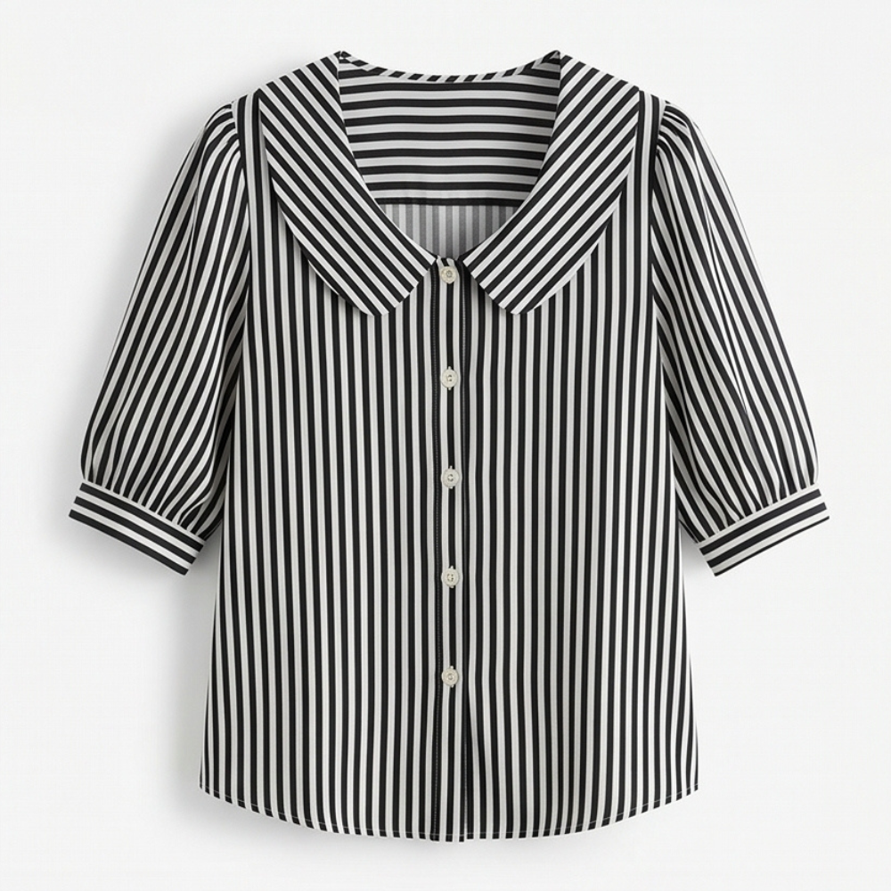 Solène Striped Sailor Collar Blouse with Puff Sleeves — View 12 | Clova