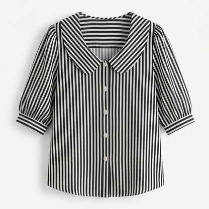 Solène Striped Sailor Collar Blouse with Puff Sleeves — View 12 | Clova