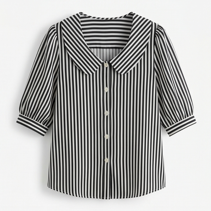 Solène Striped Sailor Collar Blouse with Puff Sleeves — View 12 | Clova