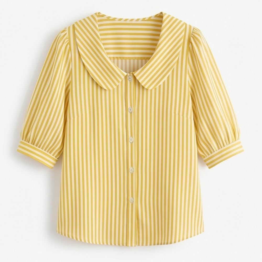 Solène Striped Sailor Collar Blouse with Puff Sleeves — View 13 | Clova
