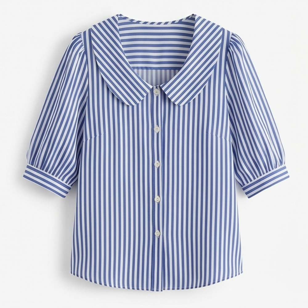 Solène Striped Sailor Collar Blouse with Puff Sleeves — View 14 | Clova