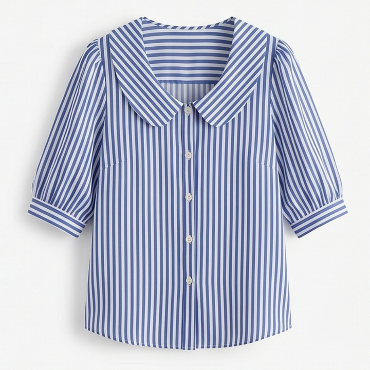 Solène Striped Sailor Collar Blouse with Puff Sleeves — View 14 | Clova
