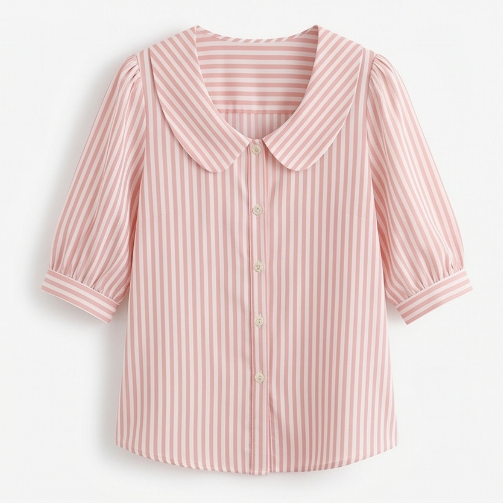 Solène Striped Sailor Collar Blouse with Puff Sleeves — View 15 | Clova