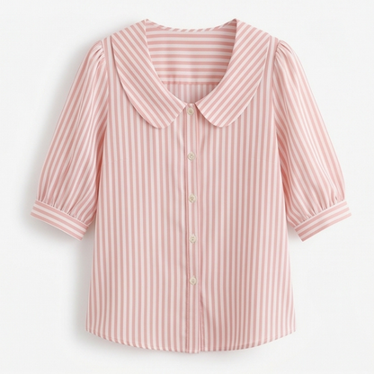 Solène Striped Sailor Collar Blouse with Puff Sleeves — View 15 | Clova