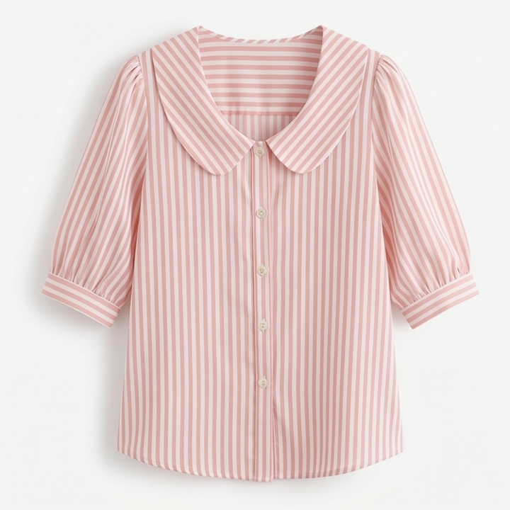 Solène Striped Sailor Collar Blouse with Puff Sleeves — View 15 | Clova