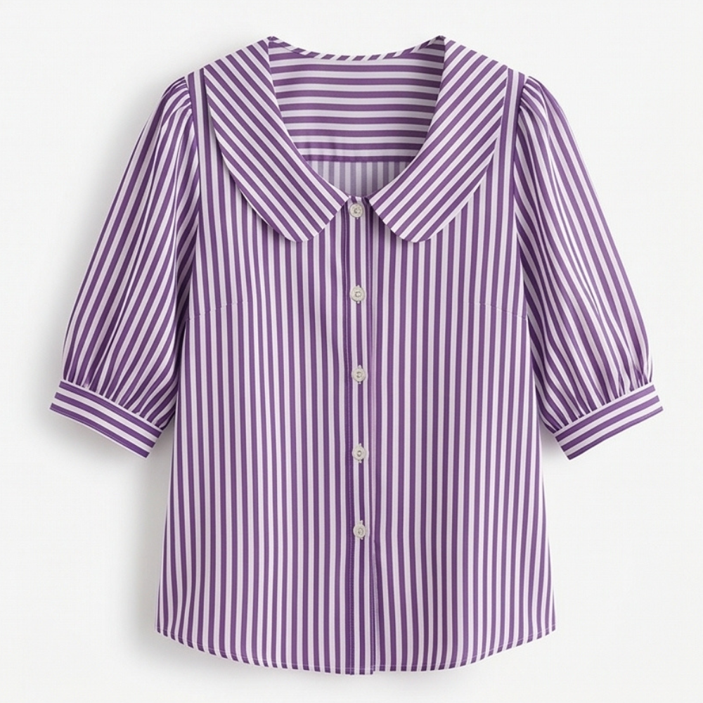 Solène Striped Sailor Collar Blouse with Puff Sleeves — View 16 | Clova