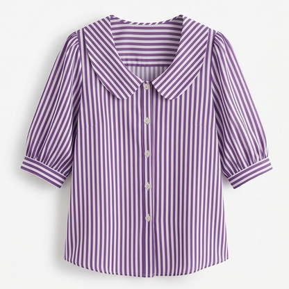 Solène Striped Sailor Collar Blouse with Puff Sleeves — View 16 | Clova