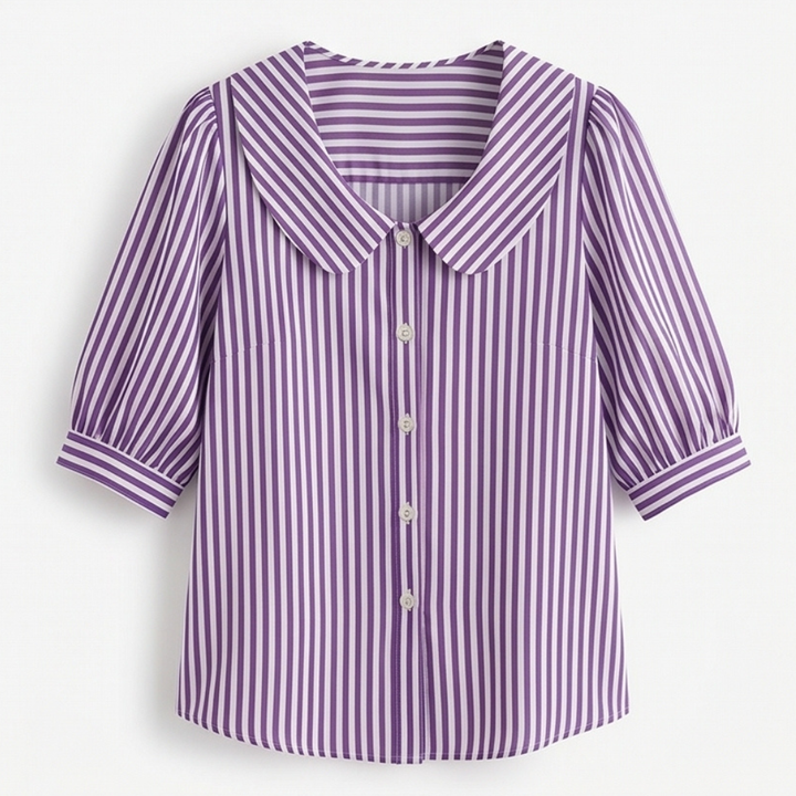 Solène Striped Sailor Collar Blouse with Puff Sleeves — View 16 | Clova