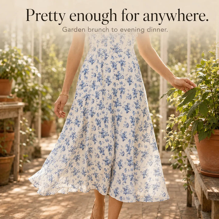 Floral Midi Dress with Tie-Front Square Neckline