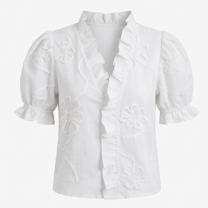 Belvera Romantic Ruffled V-Neck Blouse with Puff Sleeves — View 16 | Clova