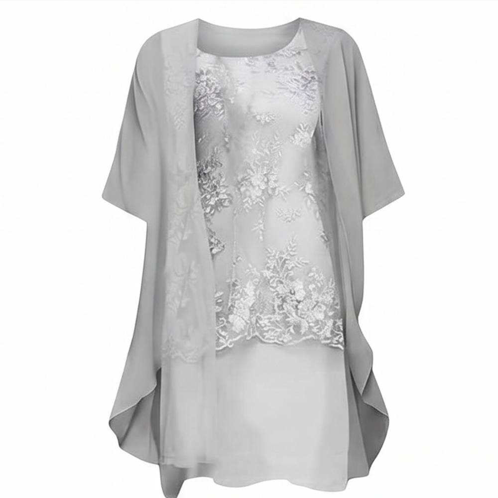 Lunavia Floral Lace Dress Set with Chiffon Shawl — View 13 | Clova
