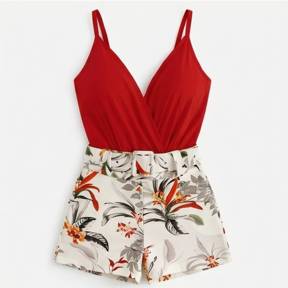 Wrap V-Neck Summer Set with Floral Shorts