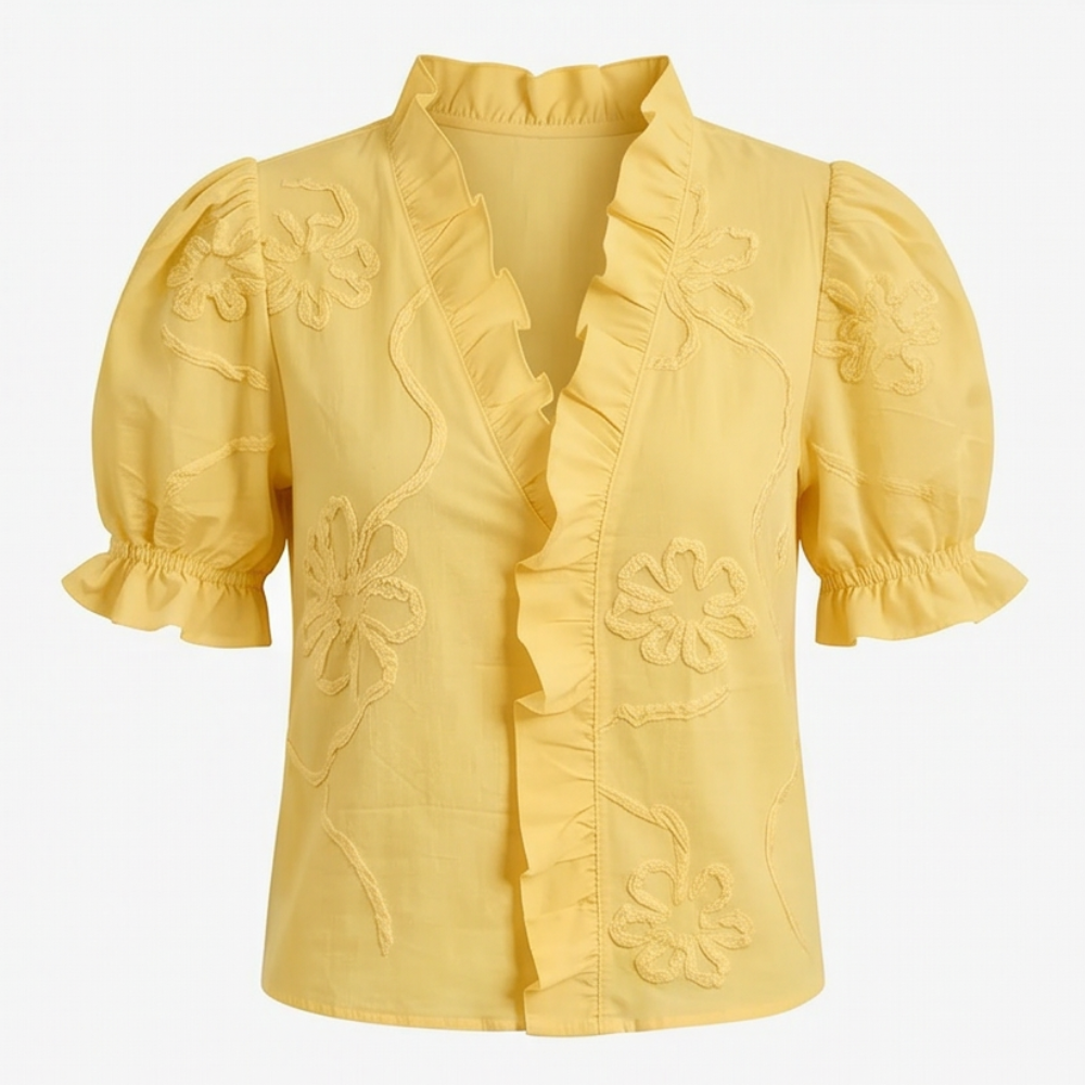Belvera Romantic Ruffled V-Neck Blouse with Puff Sleeves — View 18 | Clova