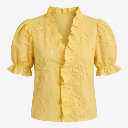 Belvera Romantic Ruffled V-Neck Blouse with Puff Sleeves — View 18 | Clova