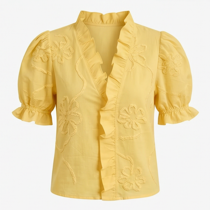Belvera Romantic Ruffled V-Neck Blouse with Puff Sleeves — View 18 | Clova