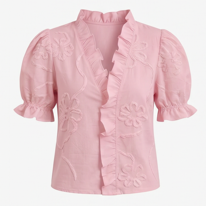 Belvera Romantic Ruffled V-Neck Blouse with Puff Sleeves — View 17 | Clova