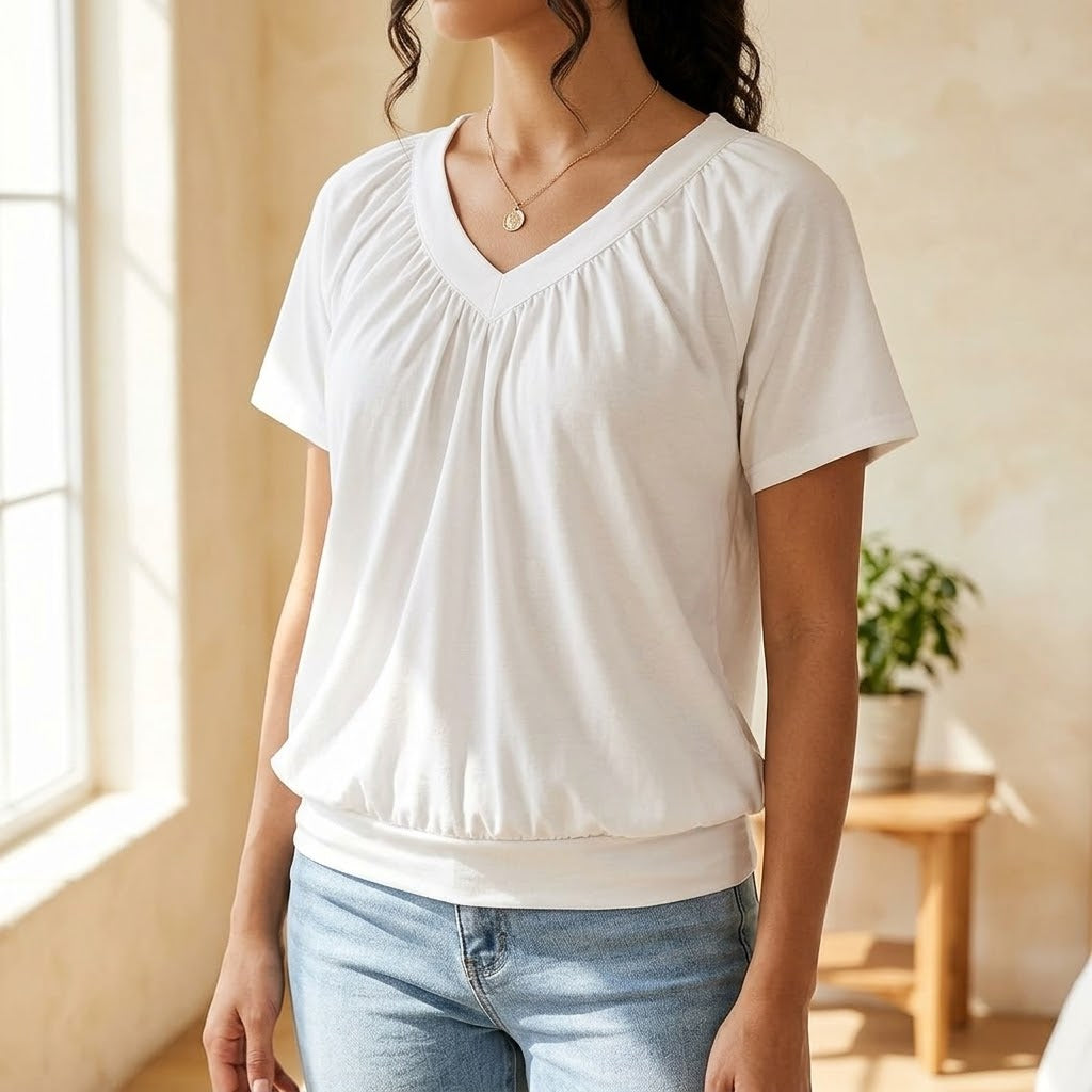 Pleated V Neck Blouson Top