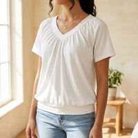 Pleated V Neck Blouson Top
