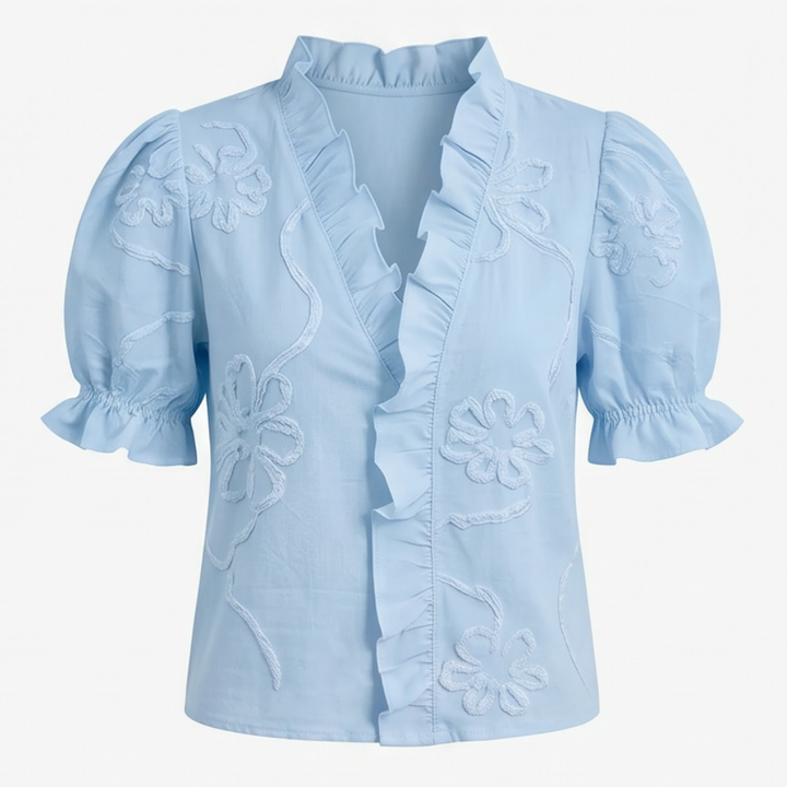 Belvera Romantic Ruffled V-Neck Blouse with Puff Sleeves — View 19 | Clova