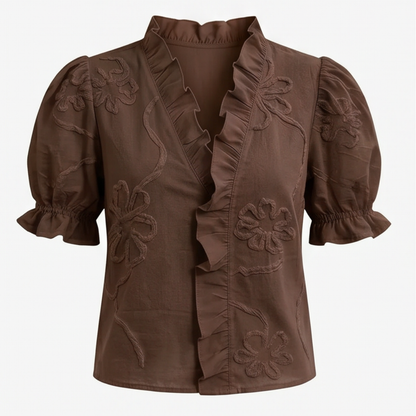 Belvera Romantic Ruffled V-Neck Blouse with Puff Sleeves — View 20 | Clova