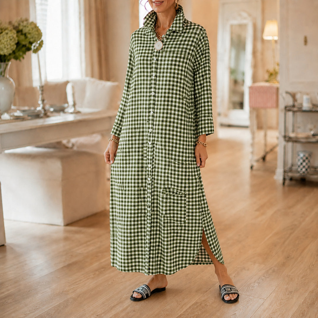 Gingham Button-Front Maxi Shirt Dress with Side Slits