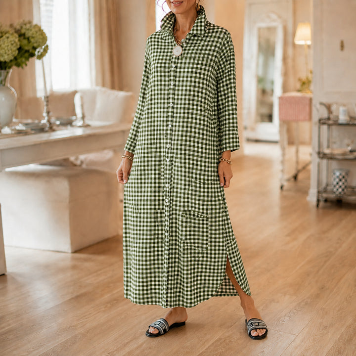 Gingham Button-Front Maxi Shirt Dress with Side Slits