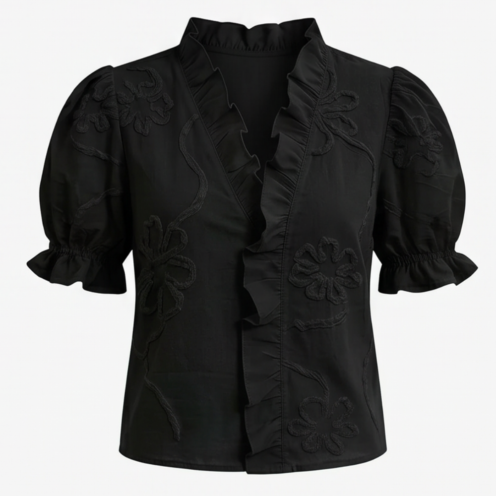 Belvera Romantic Ruffled V-Neck Blouse with Puff Sleeves — View 21 | Clova