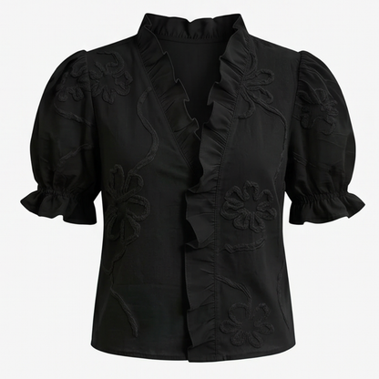 Belvera Romantic Ruffled V-Neck Blouse with Puff Sleeves — View 21 | Clova