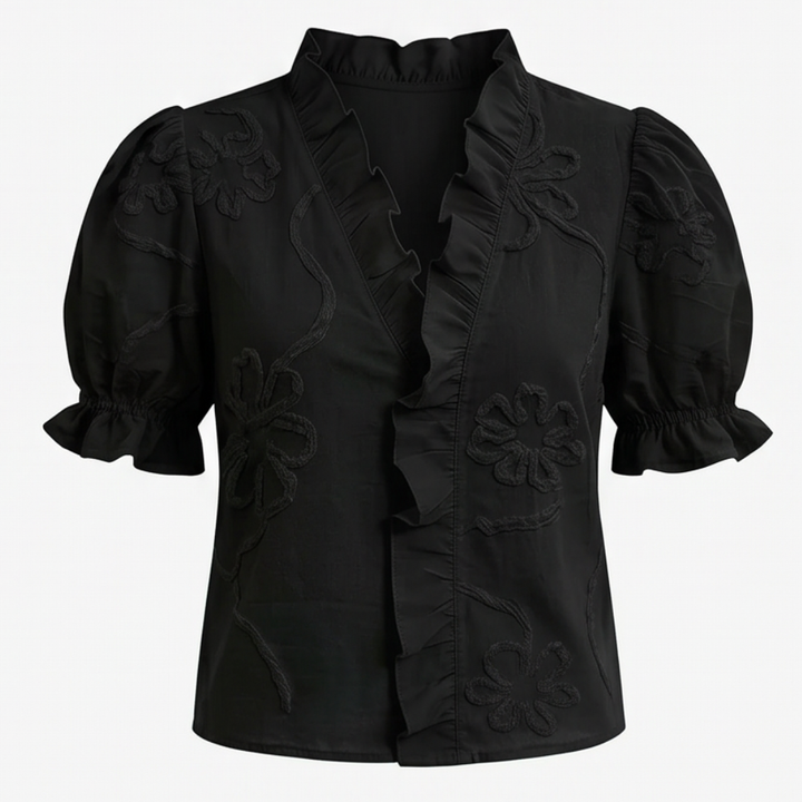 Belvera Romantic Ruffled V-Neck Blouse with Puff Sleeves — View 21 | Clova