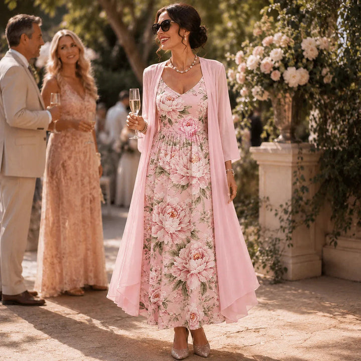 Two-Piece Floral Maxi Dress with Sheer Duster