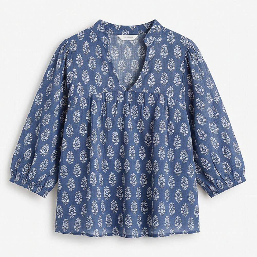 Block-Print V-Neck Summer Blouse — View 15 | Clova