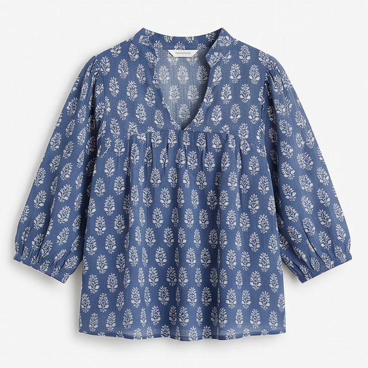 Block-Print V-Neck Summer Blouse — View 15 | Clova