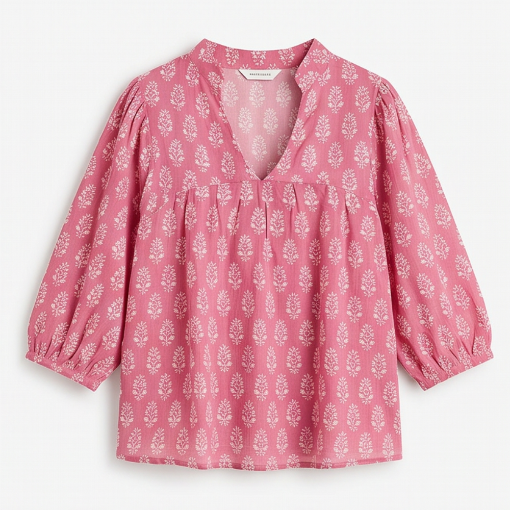 Block-Print V-Neck Summer Blouse — View 16 | Clova